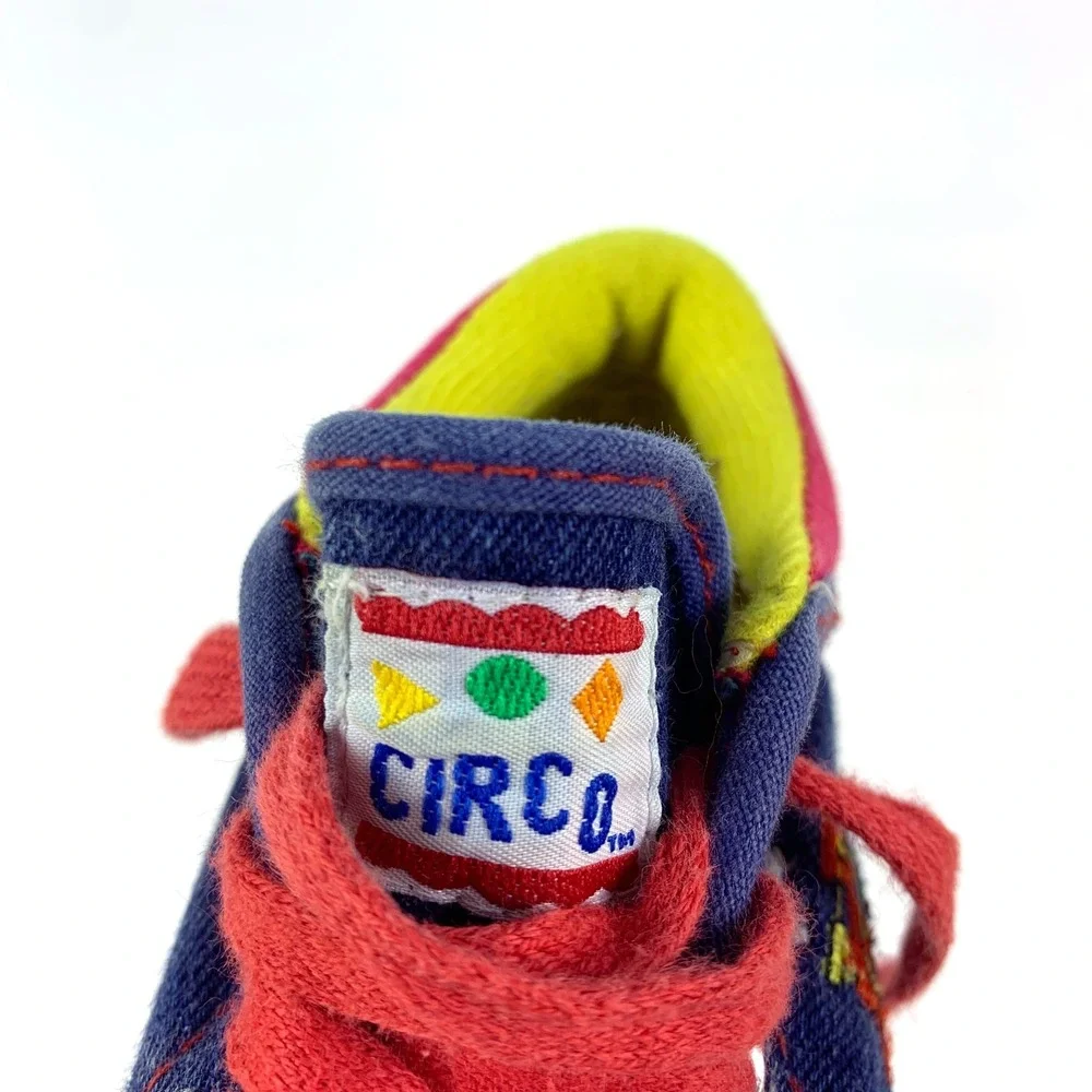 VTG Circo Denim Shoes‎ Toddler 7.5 Embroidered Trains Primary Colors Blue Red
